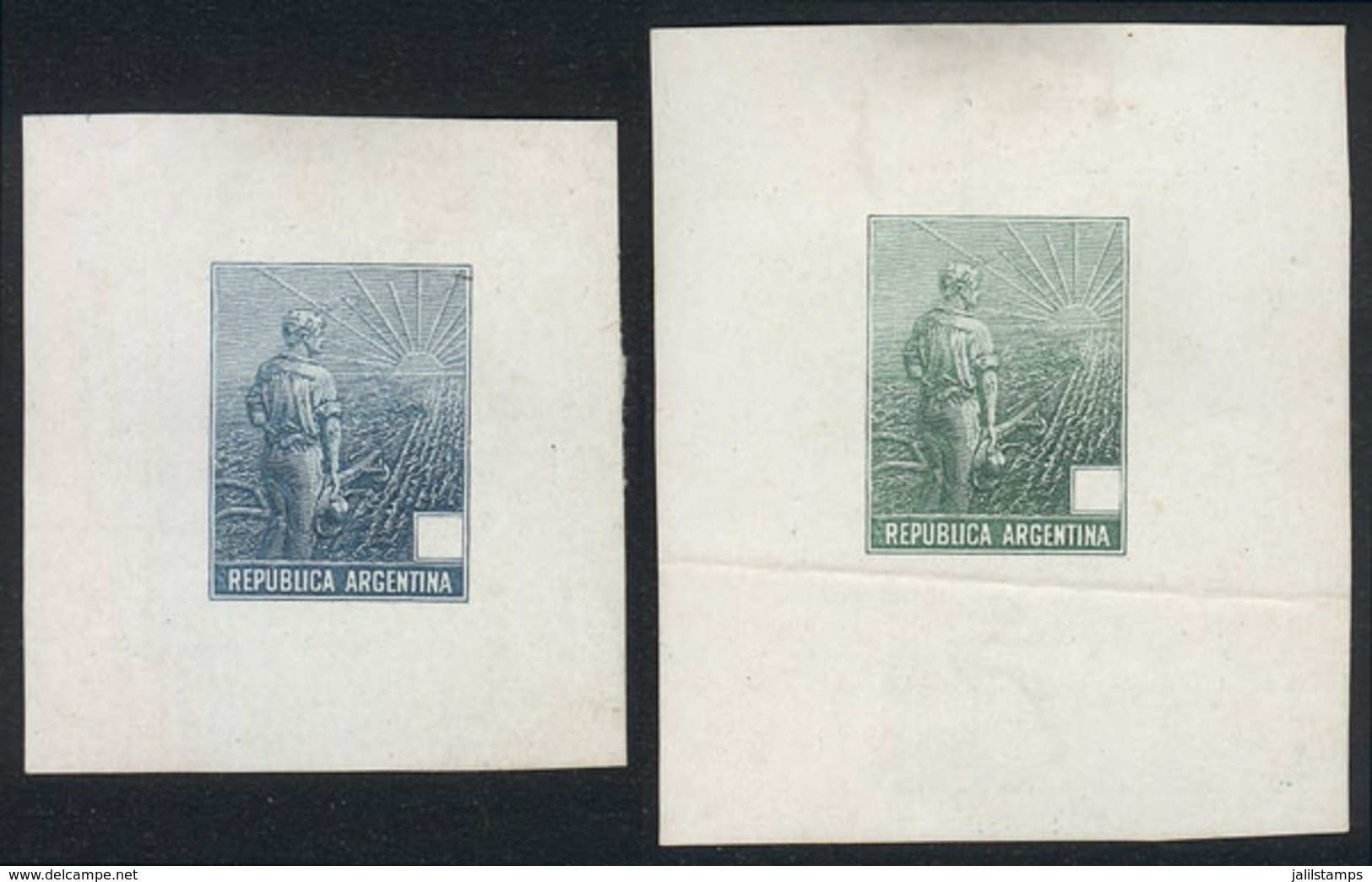 ARGENTINA: PLOWMAN: 2 Die Proofs Printed On Paper Of Glazed Front In Light Blue And Green Colors, VF Quality, Rare! - Otros & Sin Clasificación