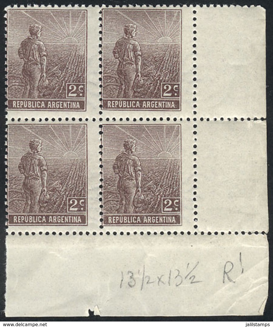 ARGENTINA: GJ.327, 1911 2c. Plowman With Sun Wmk, MNH Corner Block Of 4, Excellent Quality, Very Fresh And Fantastic, Ca - Otros & Sin Clasificación