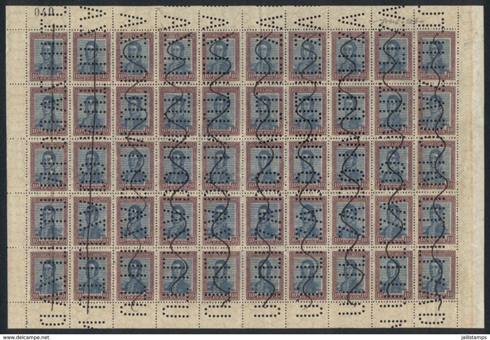 ARGENTINA: GJ.454o, 1917 San Martín 10P. With Honeycomb Watermark, COMPLETE SHEET OF 50, Perforated Cancel, Excellent Qu - Other & Unclassified