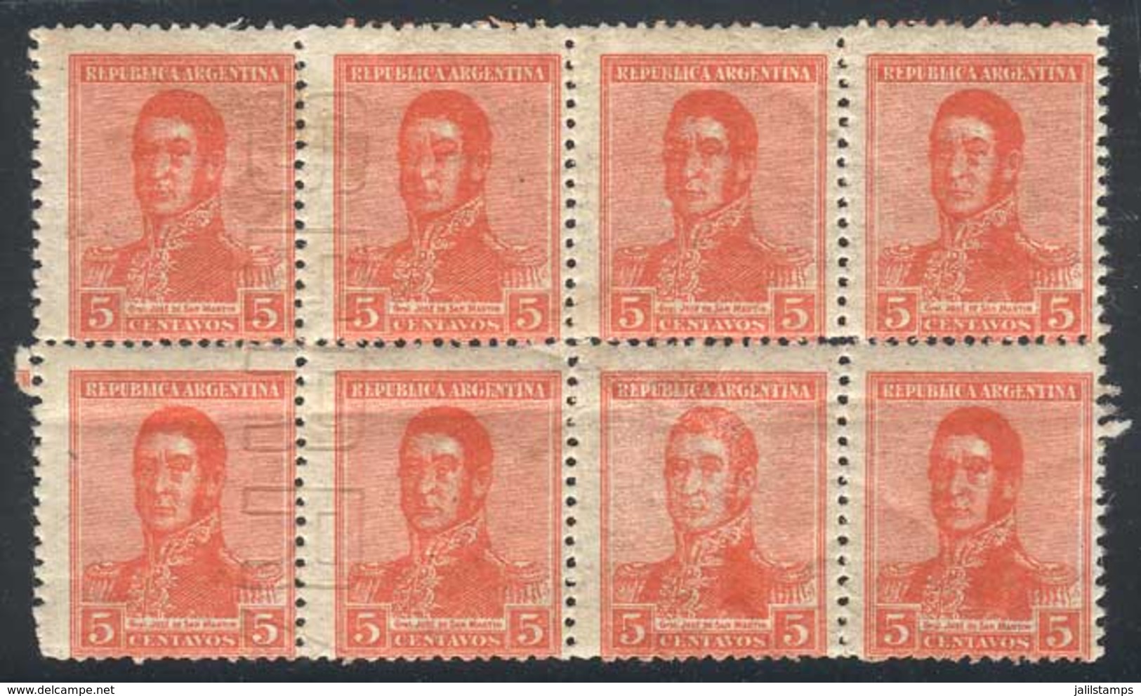 ARGENTINA: GJ.478, Block Of 8 Stamps, The 4 Left Stamps With Watermark SERRA BOND. Some Separated Perforations, VF Quali - Andere & Zonder Classificatie
