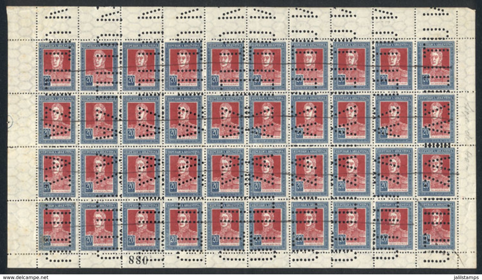 ARGENTINA: GJ.593o, 1923 San Martín 20P. With Horizontal Honeycomb Watermark, COMPLETE SHEET Of 40 Examples With Perfora - Other & Unclassified