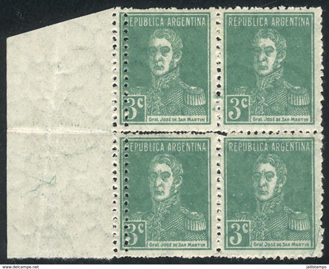 ARGENTINA: GJ.597, 1924 3c. San Martín W/o Period, Block Of 4 With Variety: DOUBLE PERFORATION In The Left Stamps, MNH ( - Andere & Zonder Classificatie