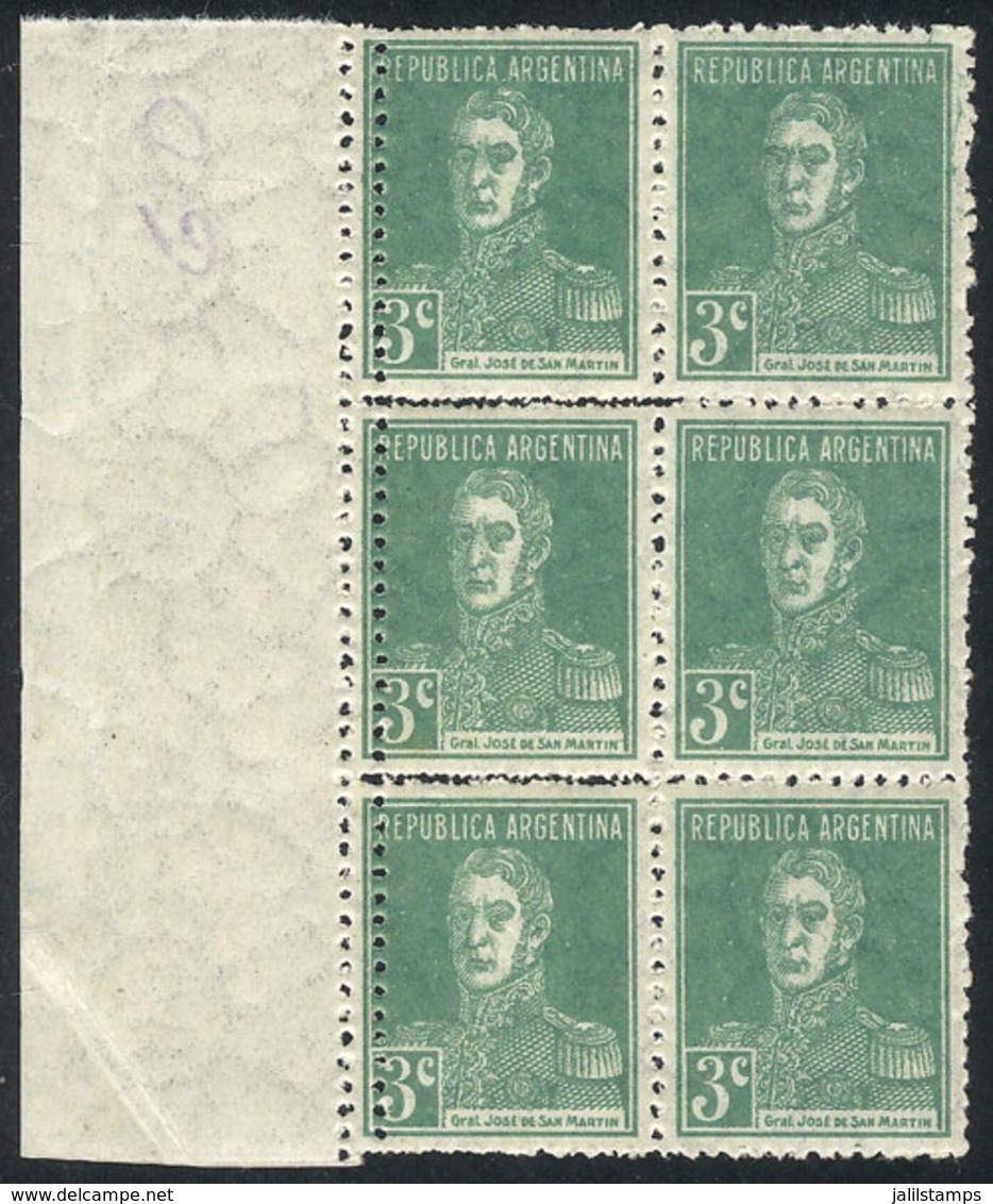 ARGENTINA: GJ.597, 1924 3c. San Martín W/o Period, Block Of 6 With Variety: DOUBLE PERFORATION In The Left Stamps, MNH,  - Autres & Non Classés