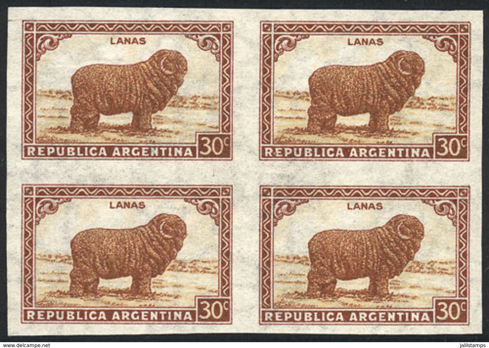 ARGENTINA: GJ.788P, 30c. Sheep, Straight Rays Watermark, IMPERFORATE BLOCK OF 4, VF Quality! - Otros & Sin Clasificación