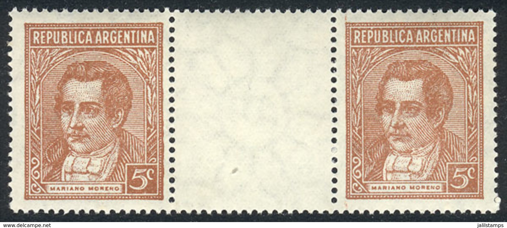 ARGENTINA: GJ.795EV, Moreno 5c. Unsurfaced Paper, Horizontal Gutter Pair, Mint Never Hinged, Superb, Catalog Value US$75 - Otros & Sin Clasificación