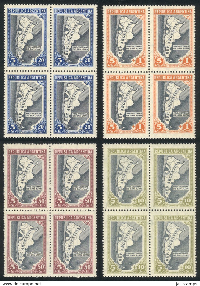 ARGENTINA: GJ.912/915, 1944 San Juan Earthquake Victims, Cmpl. Set Of 4 Values In MNH Blocks Of 4 (the 5c+50c. Value Wit - Andere & Zonder Classificatie