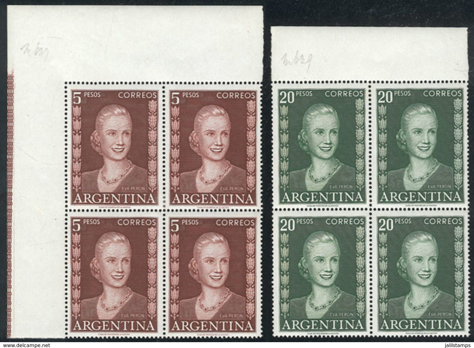 ARGENTINA: GJ.1019 And 1021, Eva Perón, Blocks Of 4 Of The Values 5P. And 20P., Very Fine Quality! - Andere & Zonder Classificatie