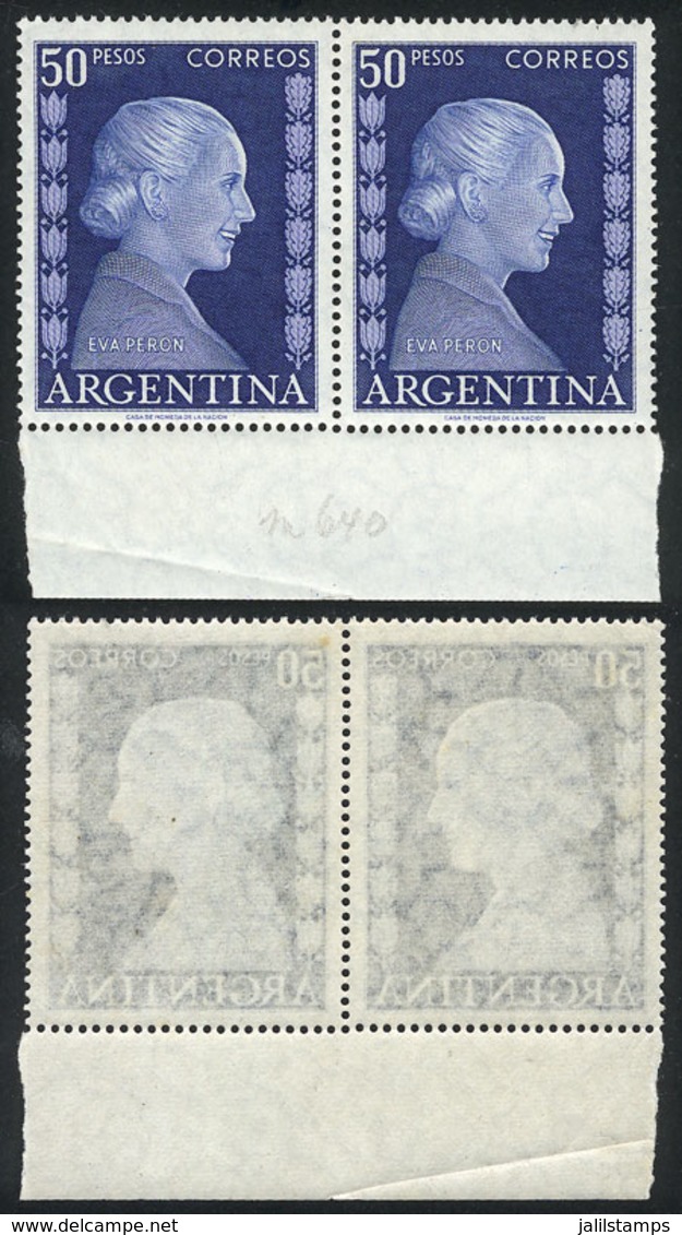 ARGENTINA: GJ.1022, Eva Perón 50P., Marginal Pair, Printed On SEMI-TRANSPARENT OILY PAPER, Very Interesting! - Andere & Zonder Classificatie