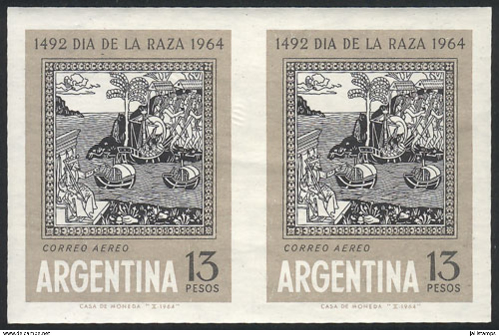 ARGENTINA: GJ.1287P, 1964 Discovery Of America, IMPERFORATE PAIR, VF Quality! - Airmail