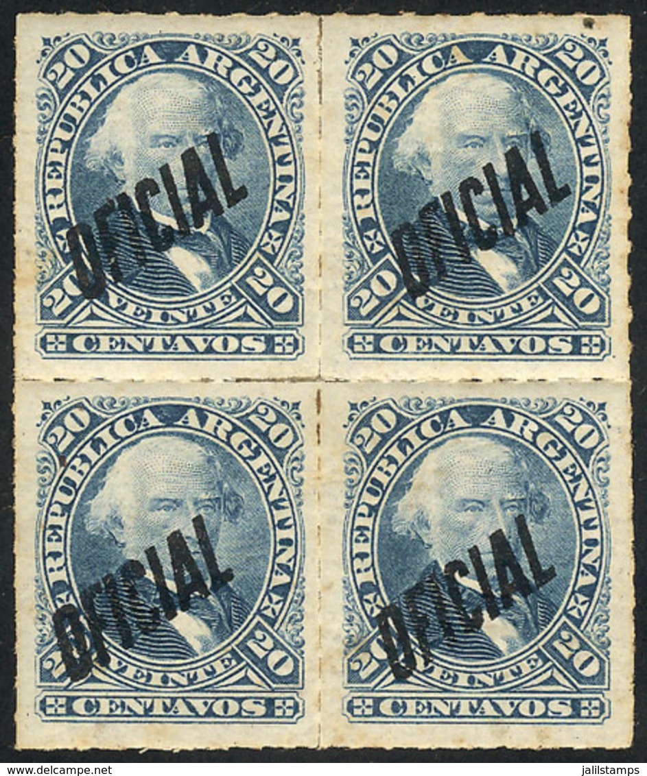 ARGENTINA: GJ.23, 20c. Velez Sarfield, Block Of 4, Mint With Original Gum Lightly Toned, Fine Quality. Catalog Value US$ - Dienstzegels