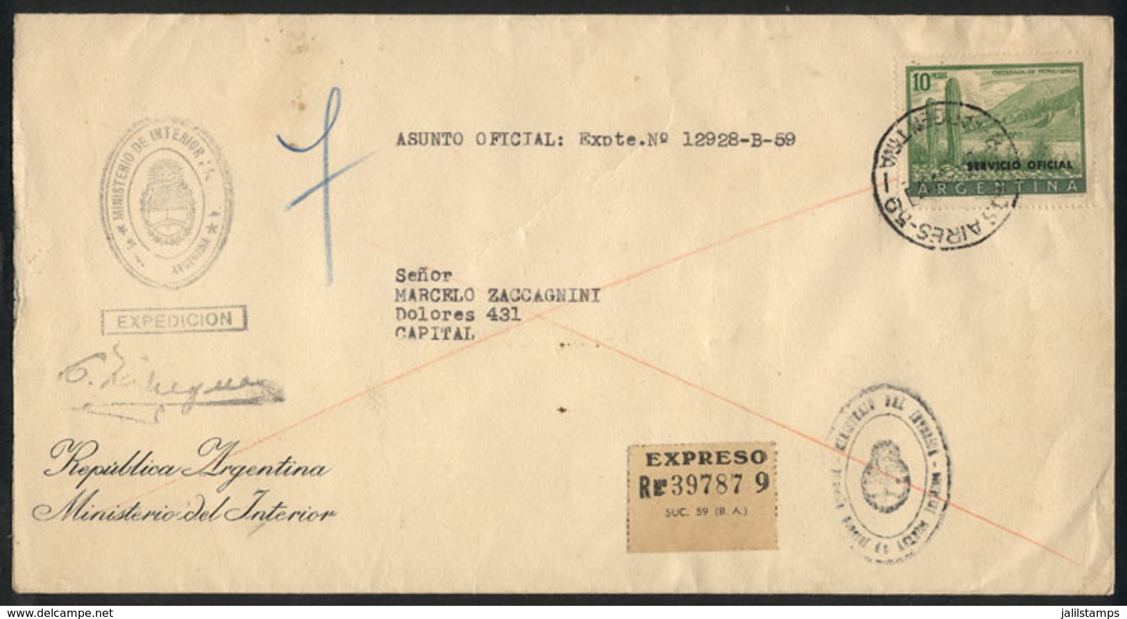 ARGENTINA: Registered Cover Used In Buenos Aires On 16/SE/1959, Franked With GJ.708 (10P. Humahuaca) ALONE, Excellent Qu - Officials