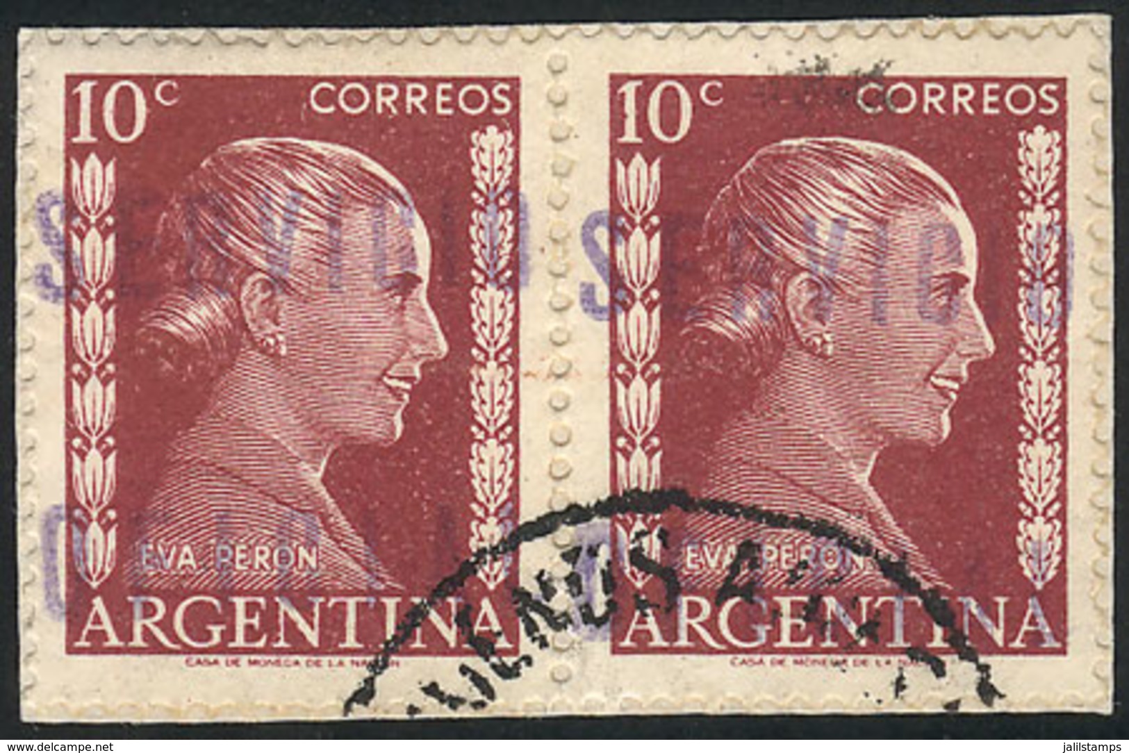 ARGENTINA: GJ.814, Presidencia De La Nación 10c. Eva Perón Pair On Fragment Used In Buenos Aires, Excellent Quality! - Dienstzegels