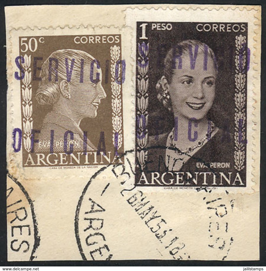 ARGENTINA: GJ.818 + 821, Presidencia De La Nación, Eva Perón 50c. On Imported Unsurfaced Paper + 1P. With Inscription, O - Oficiales