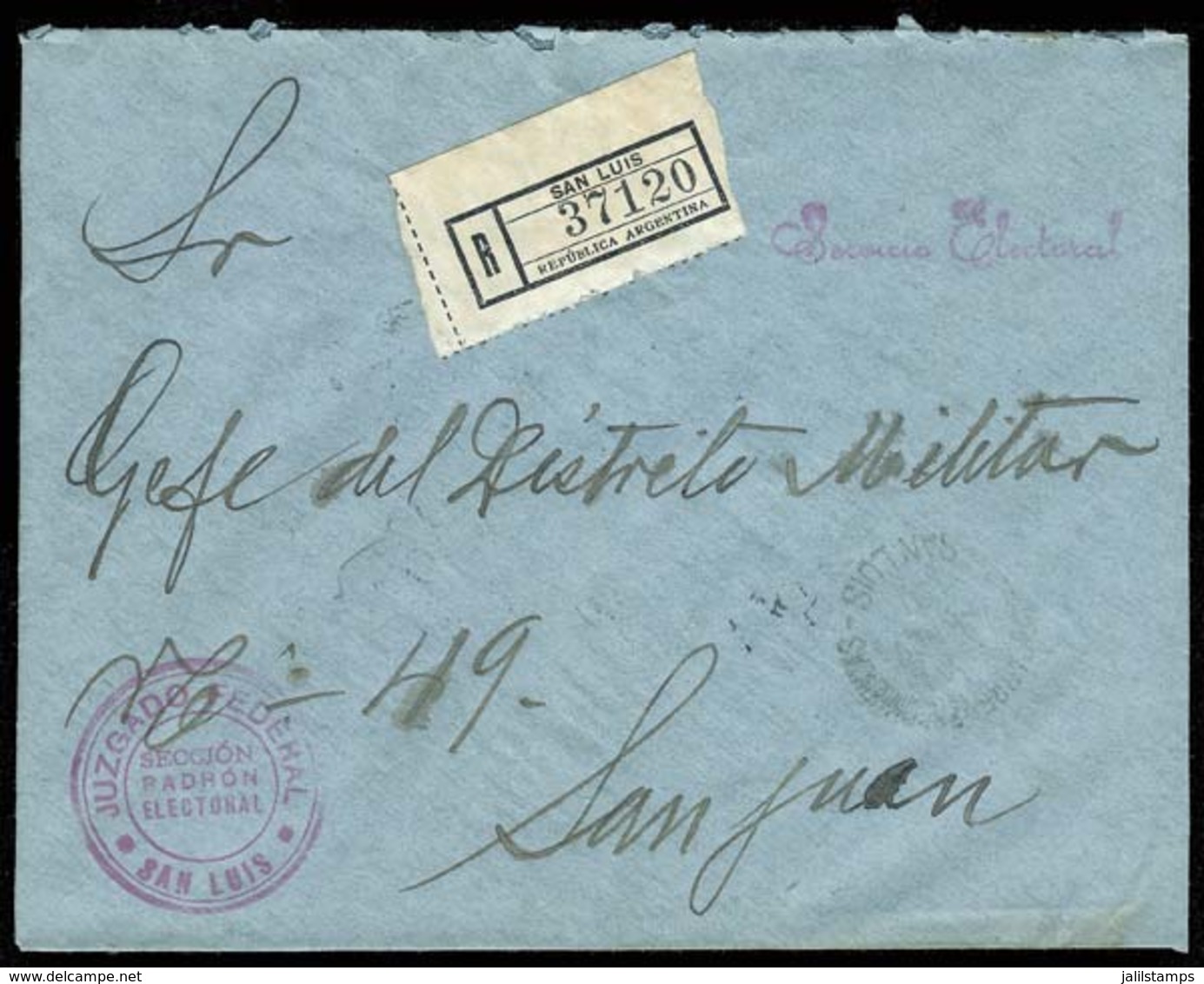 ARGENTINA: Official Cover With Postal Franchise Of The "Electoral Service" Sent By Registered Mail From San Luis To San  - Officials
