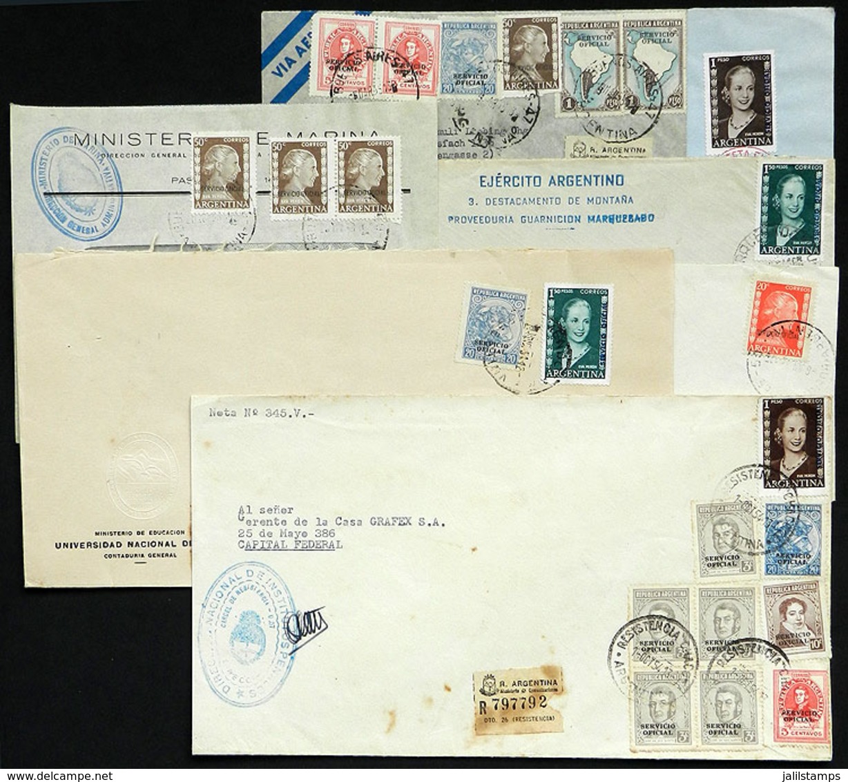 ARGENTINA: 7 Covers Used In 1954/55, All With Postages With Stamps Of The EVA PERÓN Issue, One With Attractive Red Postm - Officials