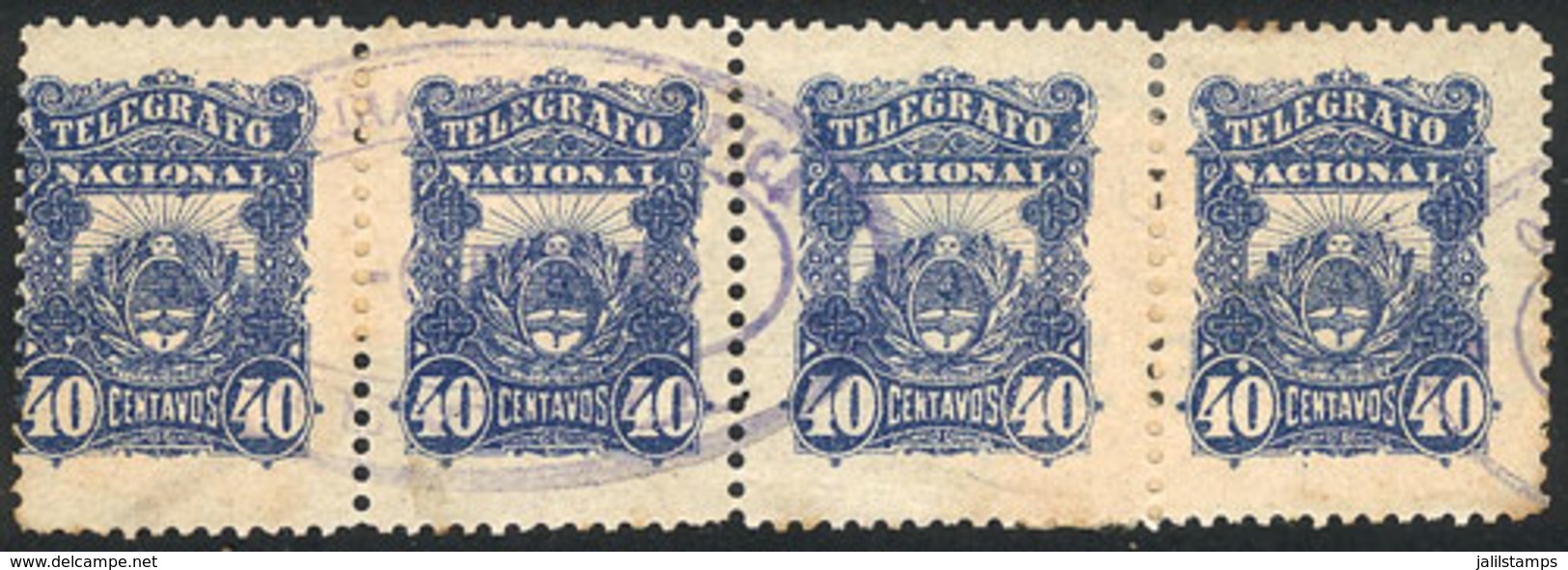 ARGENTINA: GJ.4, Beautiful Used Strip Of 4 Stamps, VF Quality, Rare Multiple! - Telégrafo