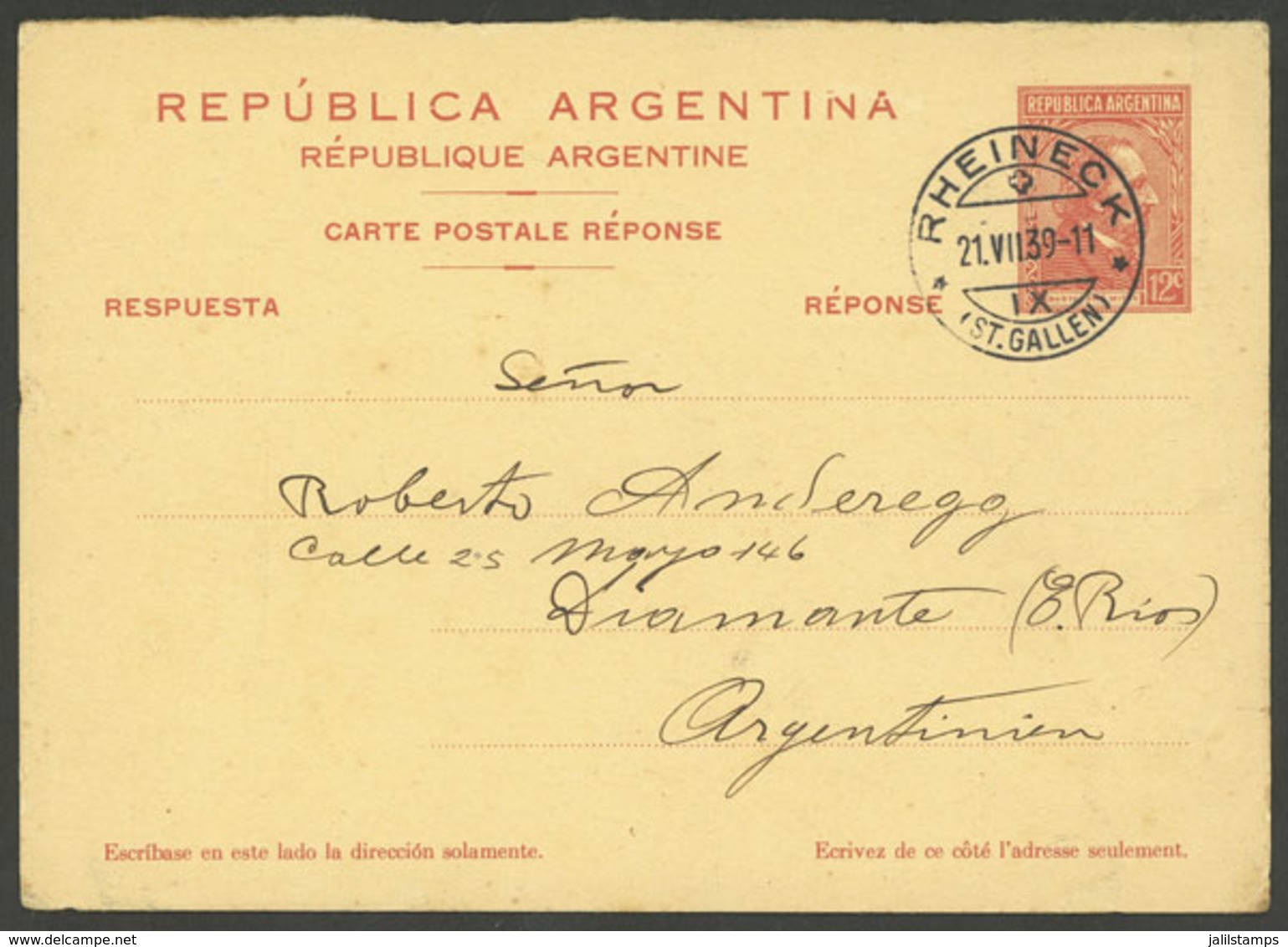 ARGENTINA: TAR- 86, Reply-paid Postal Card Used Correctly, Sent From Rheineck (Switzerland) To Argentina On 21/AU/1939,  - Andere & Zonder Classificatie