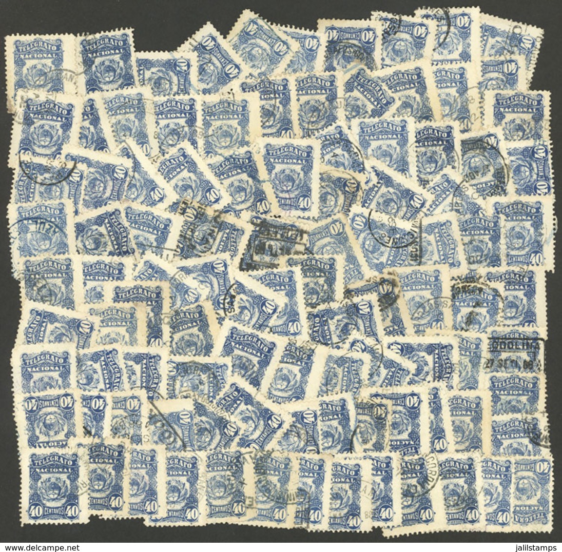 ARGENTINA: GJ.3, Province Of Buenos Aires 40c. Blue (type A), Lot Of 100 Used Stamps, Varied Cancels (some Scarce), Shad - Telégrafo