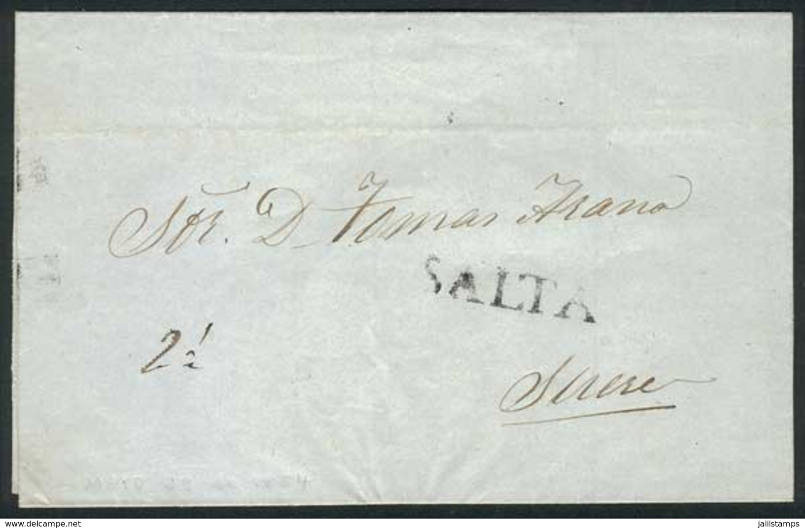 ARGENTINA: Folded Cover Dated 29/MAY/1854, With Straightline SALTA Marking In Black (VK.3) And "2½" Rate In Pen, Sent To - Andere & Zonder Classificatie