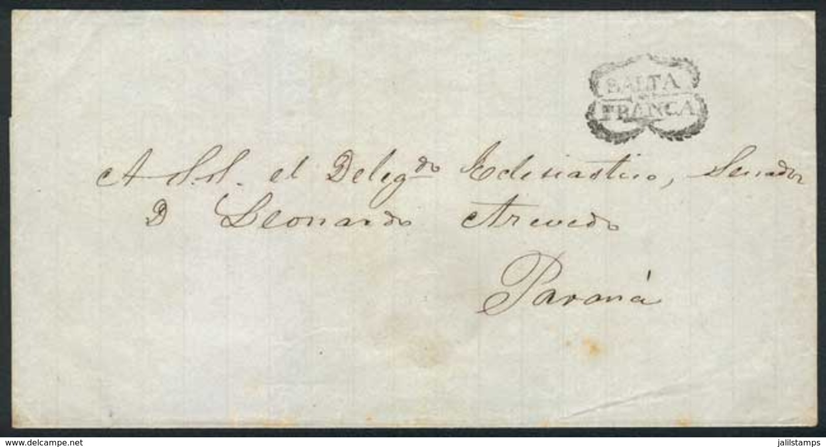 ARGENTINA: Folded Cover Sent To Paraná In 1856 With Black "SALTA-FRANCA" Marking With Laurel Branches (VK.9), Excellent  - Andere & Zonder Classificatie