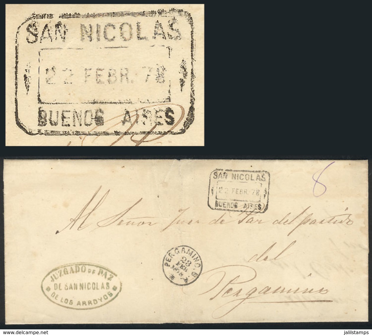 ARGENTINA: Official Folded Cover Sent To Pergamino On 22/FE/1878, With Rectangular Datestamp Of SAN NICOLÁS, And Round A - Otros & Sin Clasificación