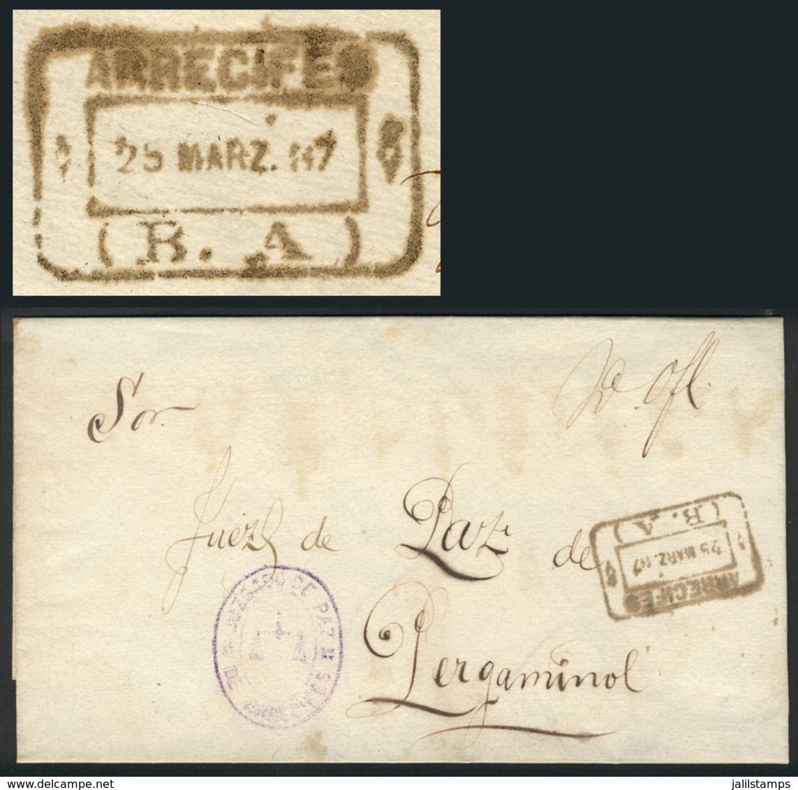 ARGENTINA: Entire Letter (official) Sent To Pergamino On 25/MAR/1887, With The Rare Rectangular Datestamp Of ARRECIFES,  - Other & Unclassified