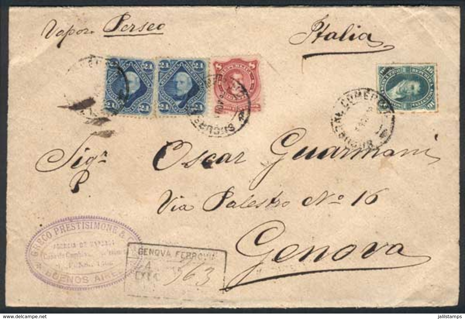 ARGENTINA: Registered Cover Franked By GJ.50 + 54B + 55 X2 (total 72c.), Sent From Buenos Aires (Sucursal Comercio) To I - Andere & Zonder Classificatie