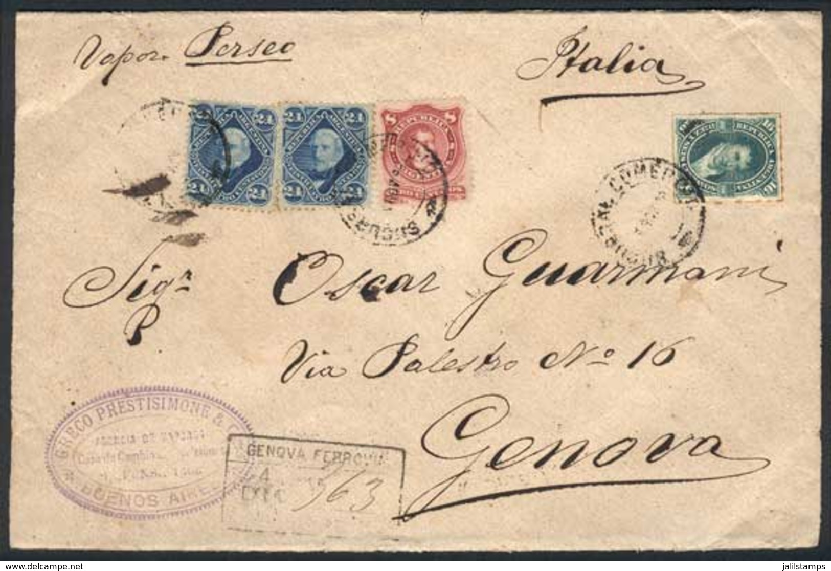 ARGENTINA: Registered Cover Franked By GJ.50 + 54B + 55 X2 (total 72c.), Sent From Buenos Aires (Sucursal Comercio) To I - Other & Unclassified