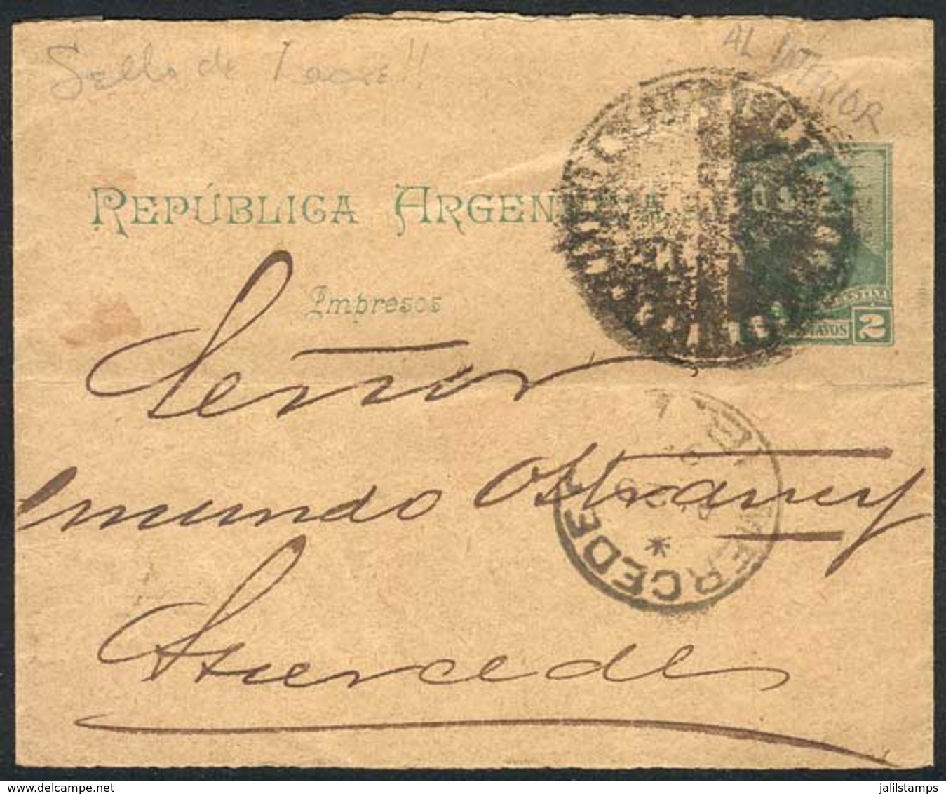 ARGENTINA: 2c. Wrapper With An Extremely Rare Round Negative Cancel "...AL INTERIOR - CORREOS - B. AIRES", And Arrival H - Other & Unclassified