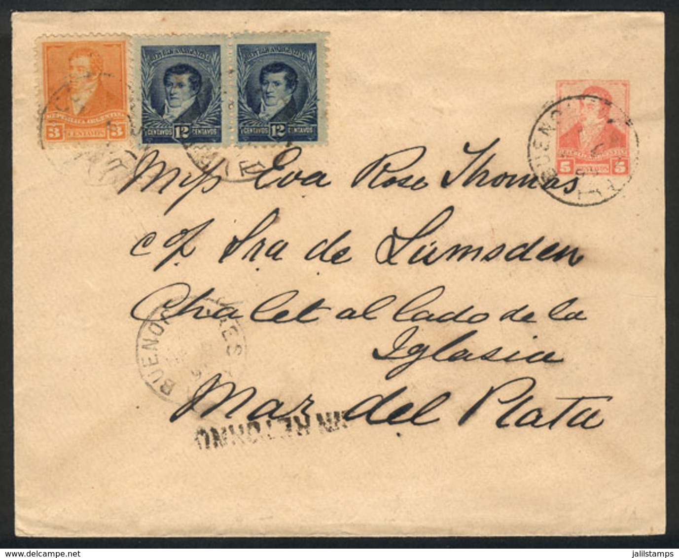 ARGENTINA: 5c. Rivadavia Stationery Envelope + 3c. + Pair 12c. (total Postage 32c.), Sent By Registered Mail From Buenos - Other & Unclassified