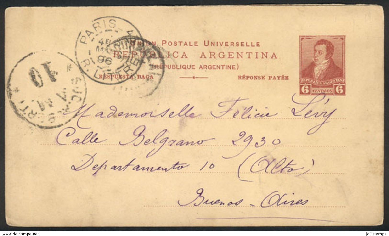 ARGENTINA: REPLY PAID Postal Card (6c. Rivadavia) Sent From Paris To Buenos Aires On 9/MAR/1896 (arrival 6/AP), VF Quali - Other & Unclassified
