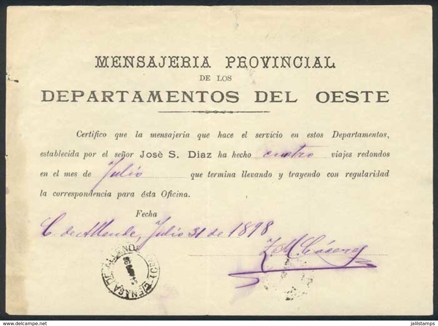 ARGENTINA: Receipt Of The Provincial Messenger Agency "Mensajería Provincial De Los Departamentos Del Oeste", Province O - Otros & Sin Clasificación