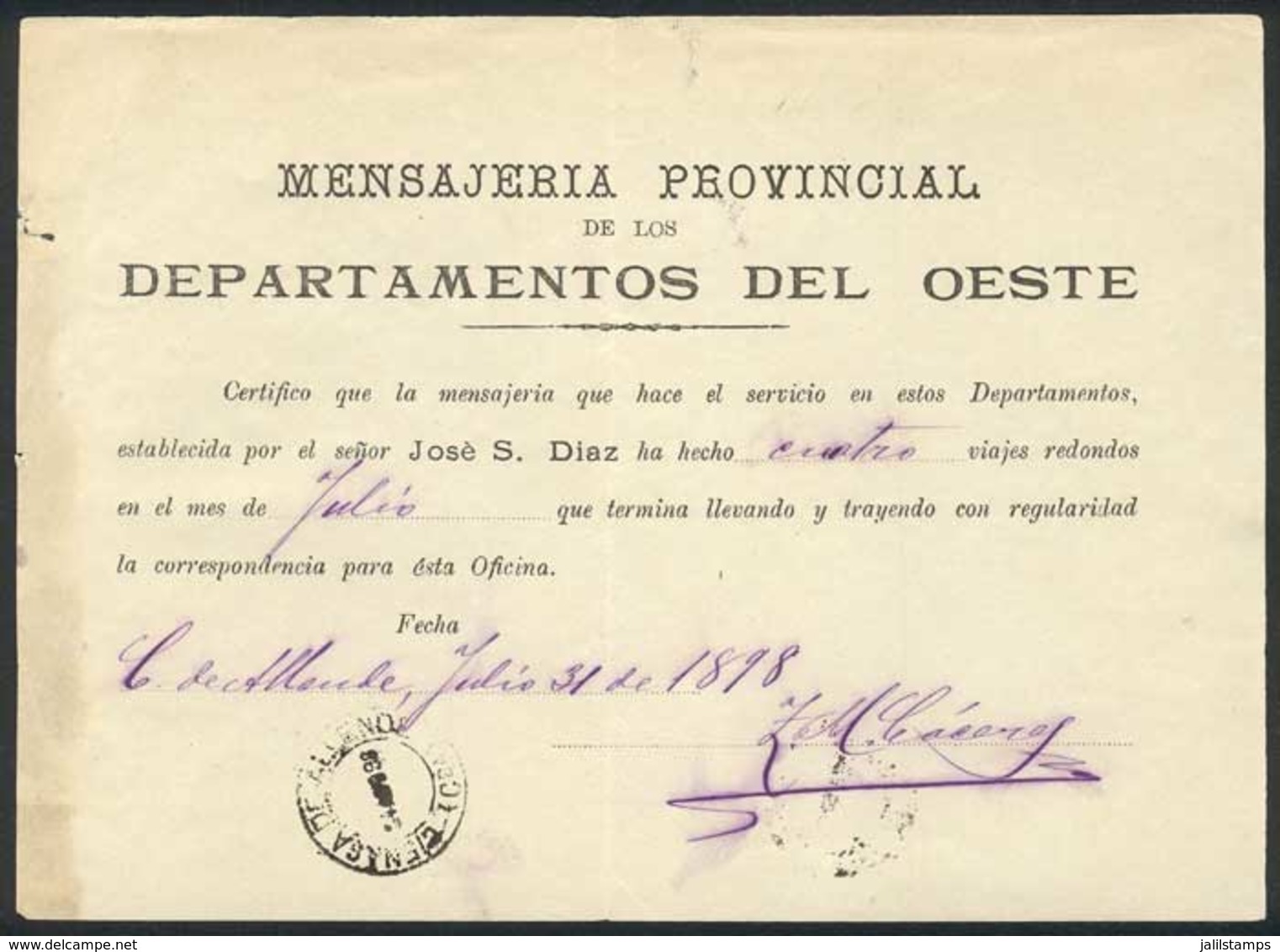 ARGENTINA: Receipt Of The Provincial Messenger Agency "Mensajería Provincial De Los Departamentos Del Oeste", Province O - Other & Unclassified