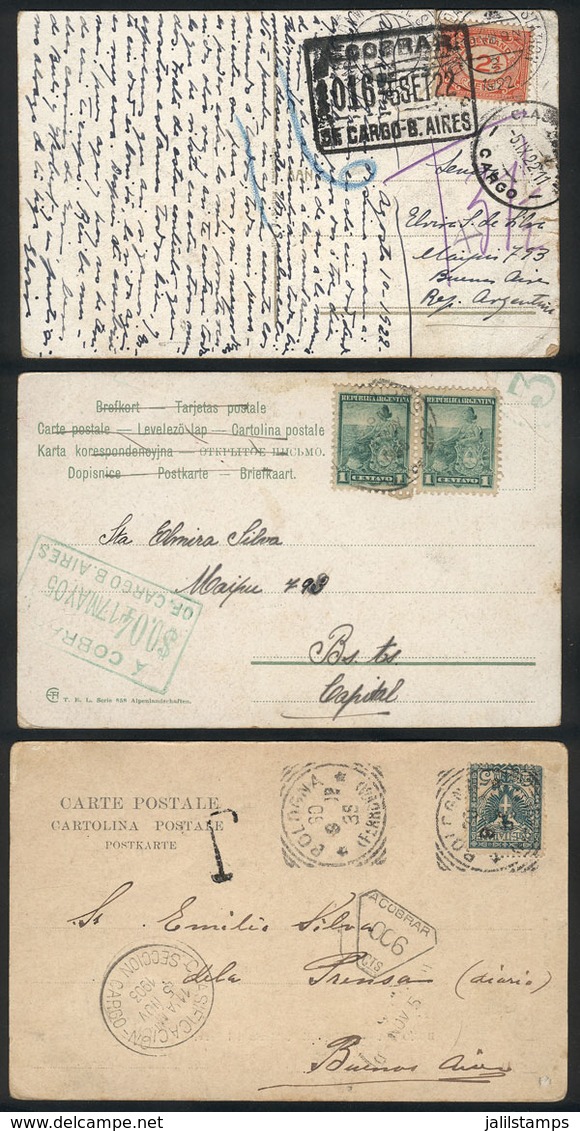 ARGENTINA: 3 PCs Sent To Buenos Aires In 1922 (2 From Overseas), All With Insufficient Postage And Therefore With DUE MA - Otros & Sin Clasificación