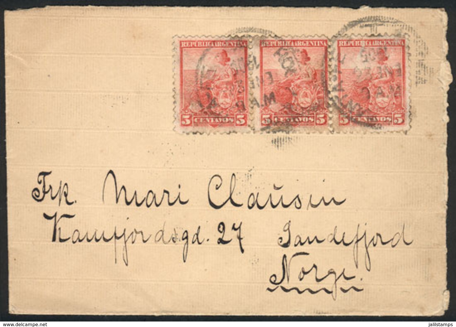 ARGENTINA: UNUSUAL DESTINATION: Cover Franked With 5c. Liberty In Strip Of 3 And Sent To NORWAY On 23/JA/1905, With Sand - Other & Unclassified