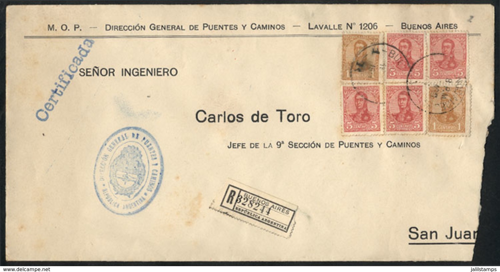 ARGENTINA: Envelope Of The General Administration Of Bridges And Roads, Sent By Registered Mail From Buenos Aires To San - Otros & Sin Clasificación