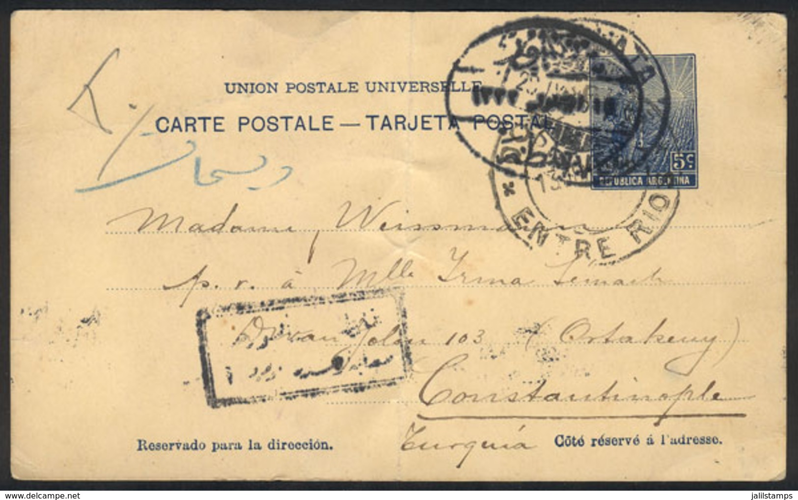 ARGENTINA: 5c. Plowman Postal Card Sent From DOMINGUEZ (Entre Ríos) To TURKEY On 13/JUN/1916, Varied Marks And Arrival C - Otros & Sin Clasificación