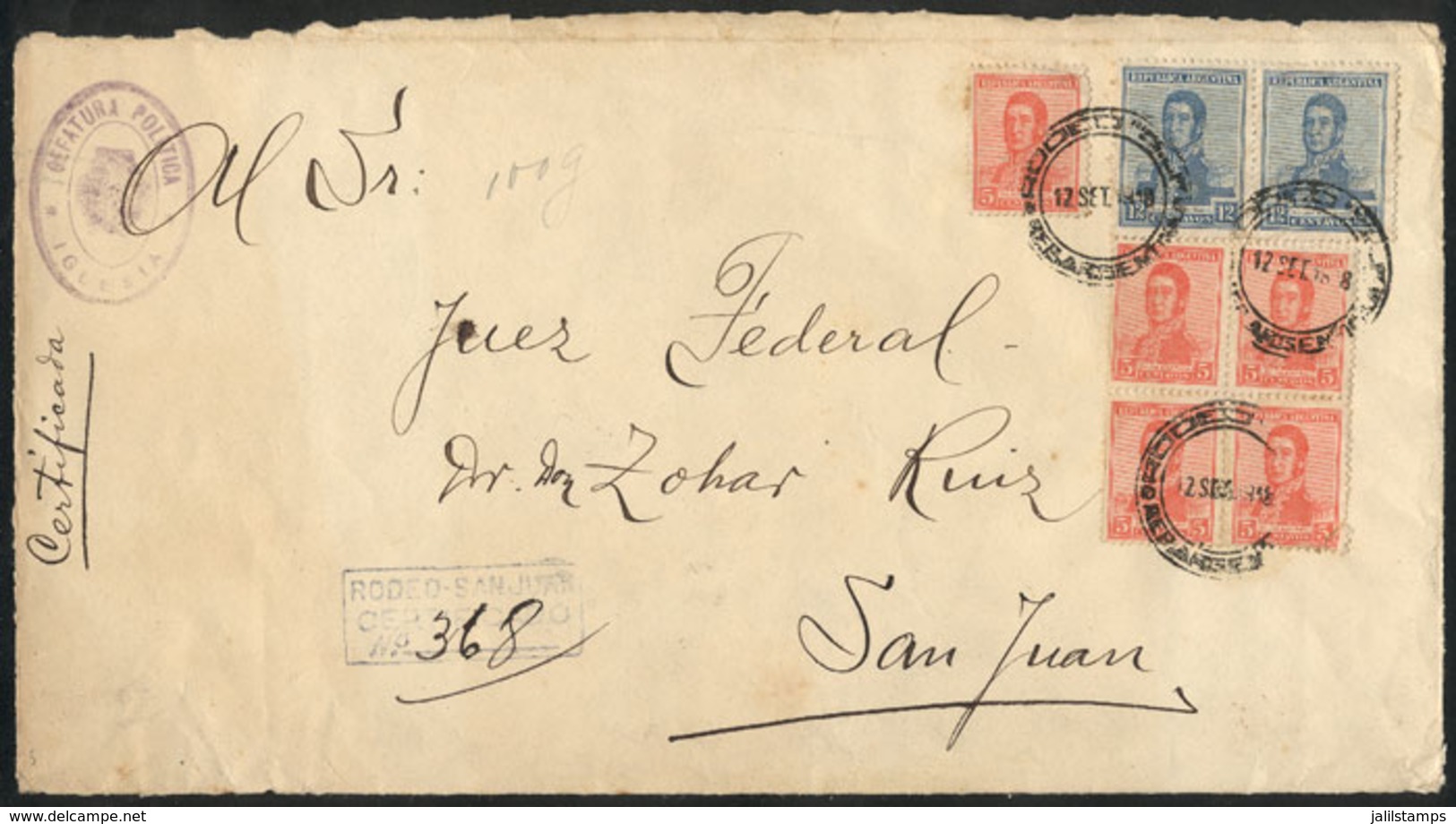 ARGENTINA: Front Of A Registered Cover Sent From RODEO To San Juan On 12/SE/1918, Franked With 49c. (pair GJ.447, 12c. W - Other & Unclassified