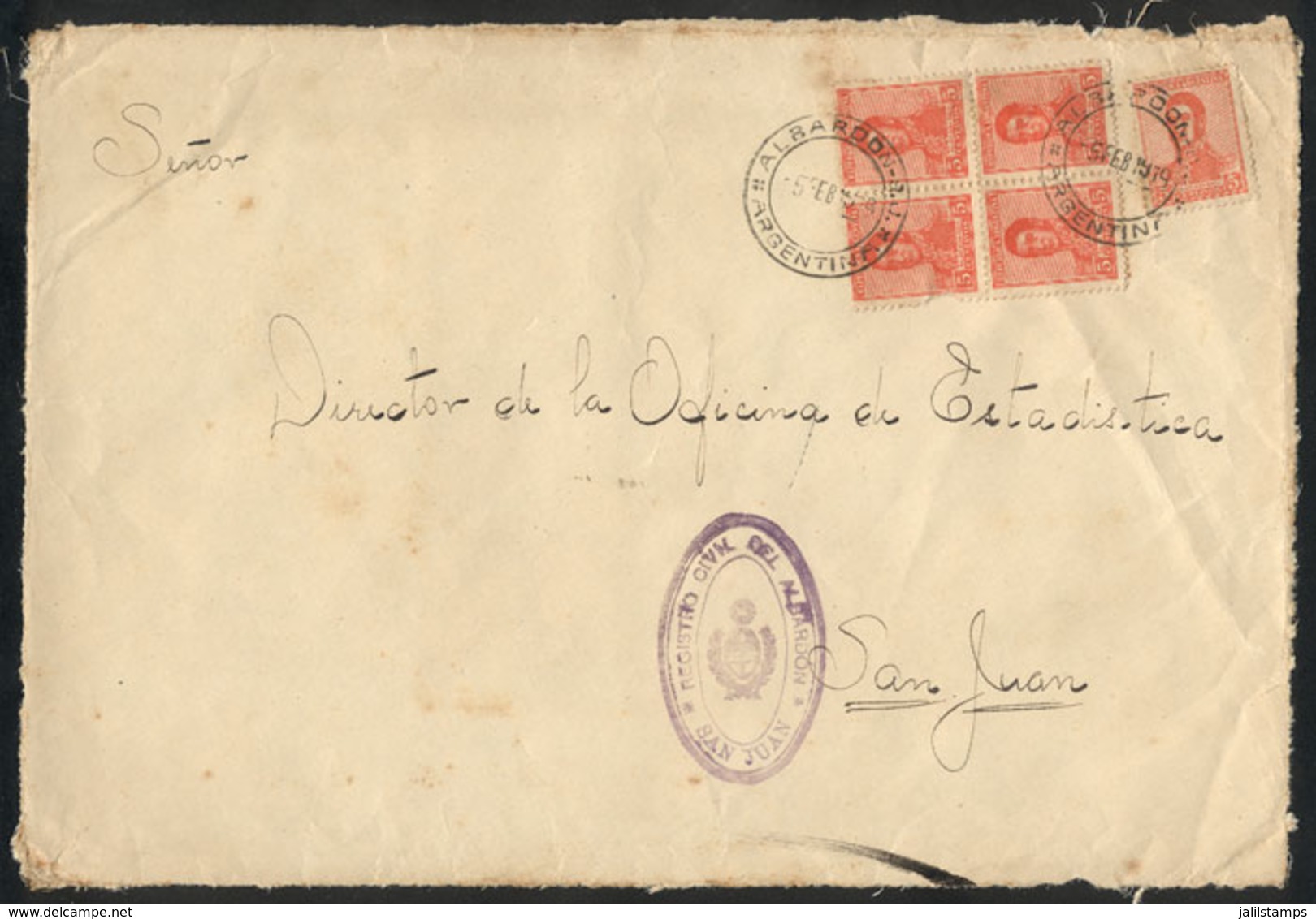 ARGENTINA: Front Of An Official Envelope Sent From ALBARDÓN To San Juan On 5/FE/1919 Franked With 25c. (San Martín Unwat - Andere & Zonder Classificatie