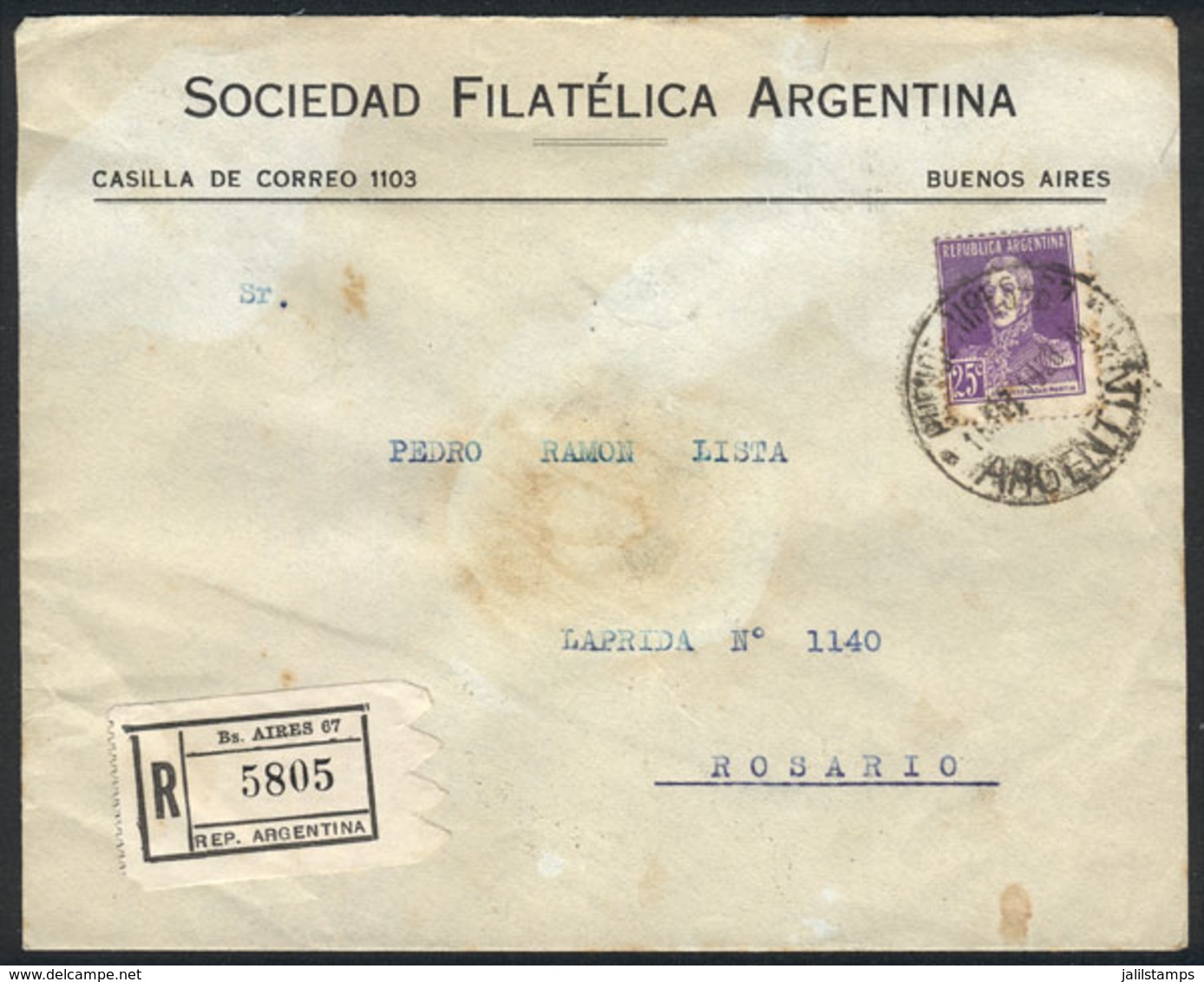 ARGENTINA: Registered Cover Franked By GJ.604, Sent From Buenos Aires To Rosario On 15/AUG/1928, VF! - Other & Unclassified