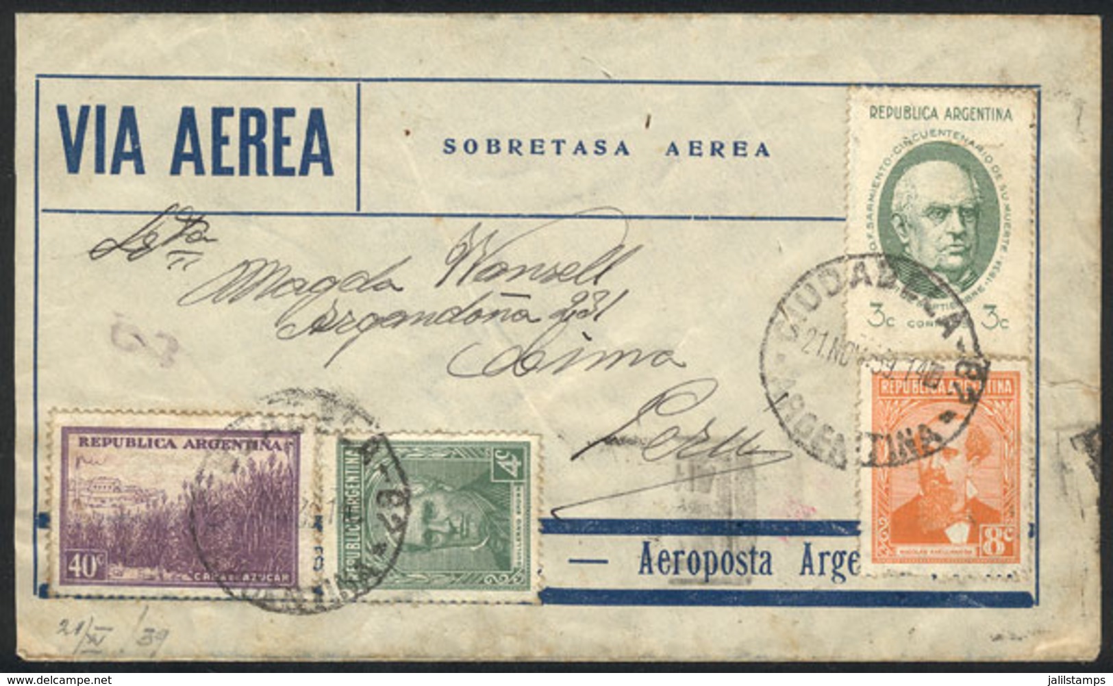 ARGENTINA: Airmail Cover Sent From Ciudadela To PERU On 21/NO/1939, With Attractive Postage Of 55c., Arrival Backstamp O - Other & Unclassified