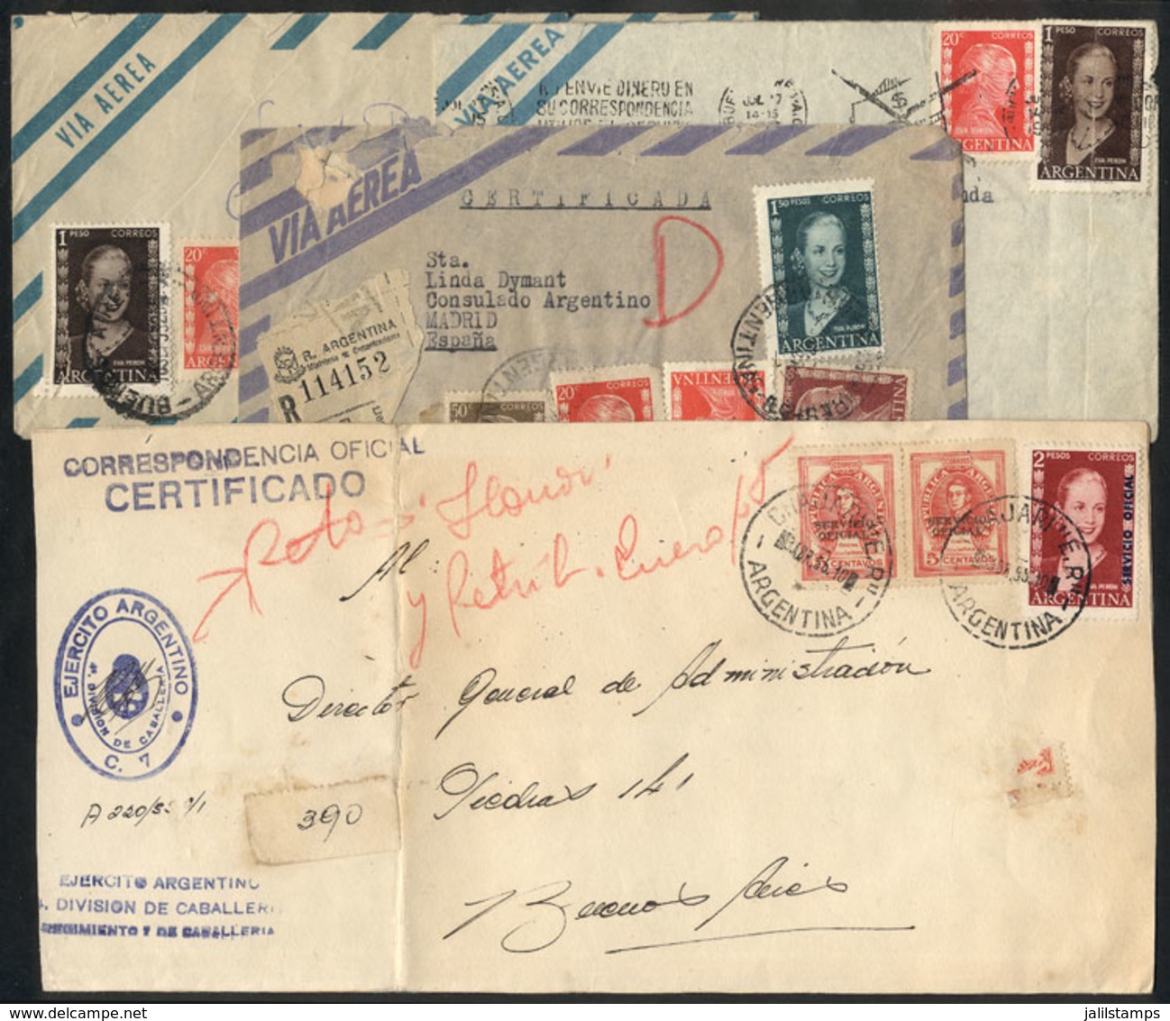 ARGENTINA: 4 Covers Used Between 1953 And 1955, Franked With Stamps Of The EVA PERON Issue, With Postmarks Applied OVER  - Otros & Sin Clasificación