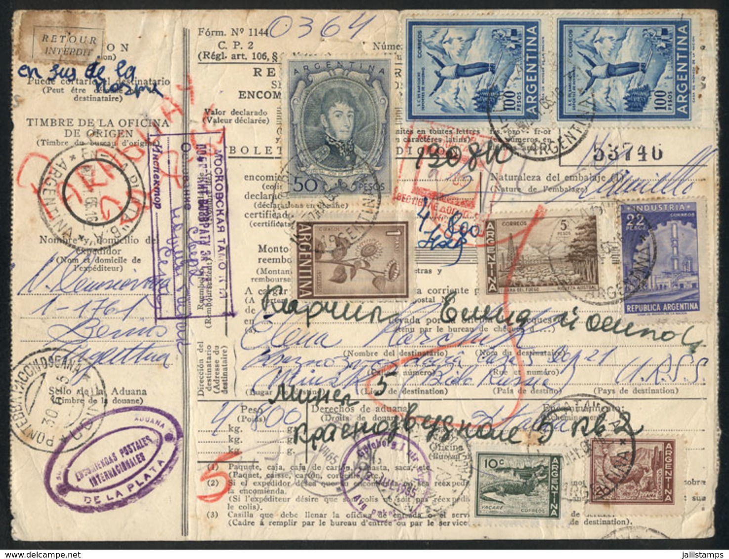 ARGENTINA: Dispatch Note Of A Parcel Post Sent From La Plata To Minsk (BELARUS) On 7/MAY/1965, With Large Postage Of 278 - Andere & Zonder Classificatie