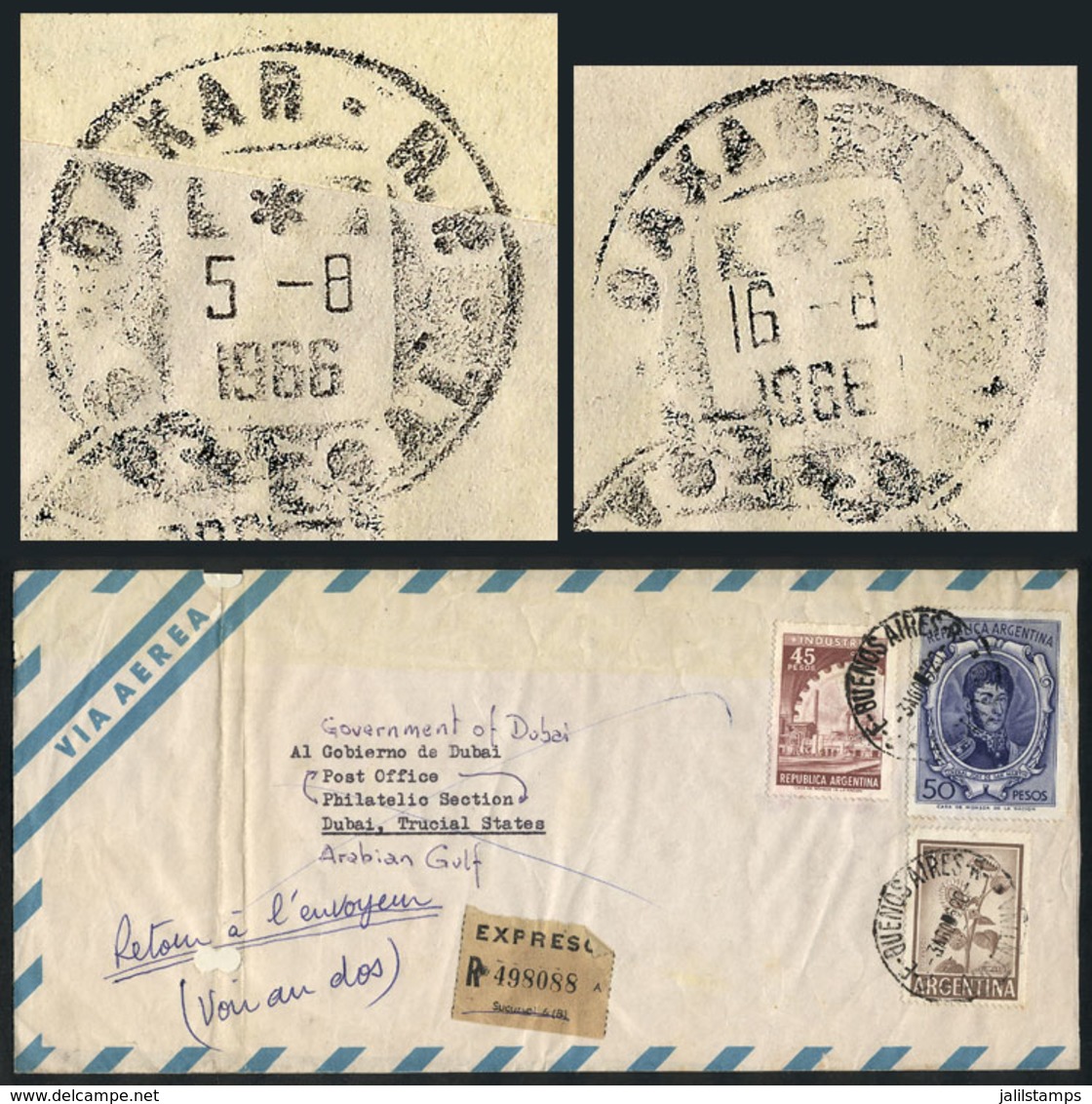 ARGENTINA: Express Airmail Cover Sent From Buenos Aires To DUBAI On 3/AU/1966 With Very Nice Postage Of 96P. And Returne - Otros & Sin Clasificación