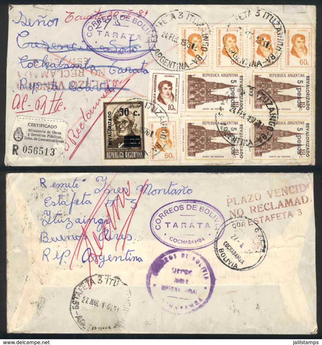 ARGENTINA: Registered Airmail Cover Sent From Ituzaingó To Bolivia On 24/FE/1976 (originally To Cochabamba, And Then For - Otros & Sin Clasificación