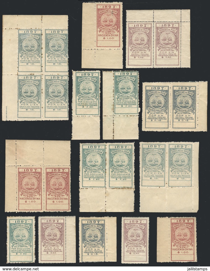 ARGENTINA: BUENOS AIRES CITY: Derecho De Guía, Year 1897, 22 Revenue Stamps Of Varied Values (singles, Pairs Or Blocks O - Otros & Sin Clasificación