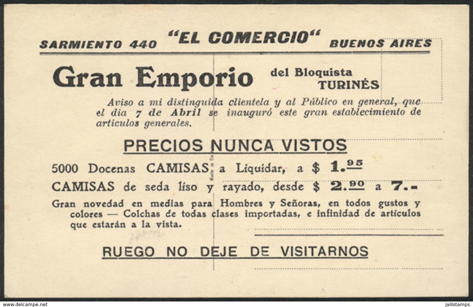 ARGENTINA: Old Card With Advertising On Reverse: "El Comercio", Sarmiento 440, Gran Emporio Del Bloquista Turinés, Circa - Argentina