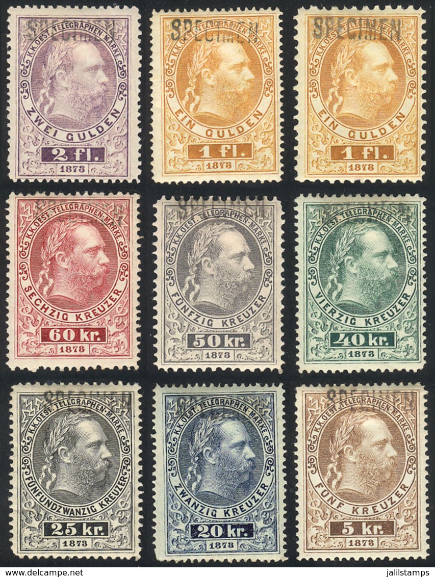 AUSTRIA: Yvert 9/16, 1874/6 Cmpl. Set Of 8 Values With SPECIMEN Overprint, The 1Fl. Stamp In Both Perforations, All Mint - Other & Unclassified