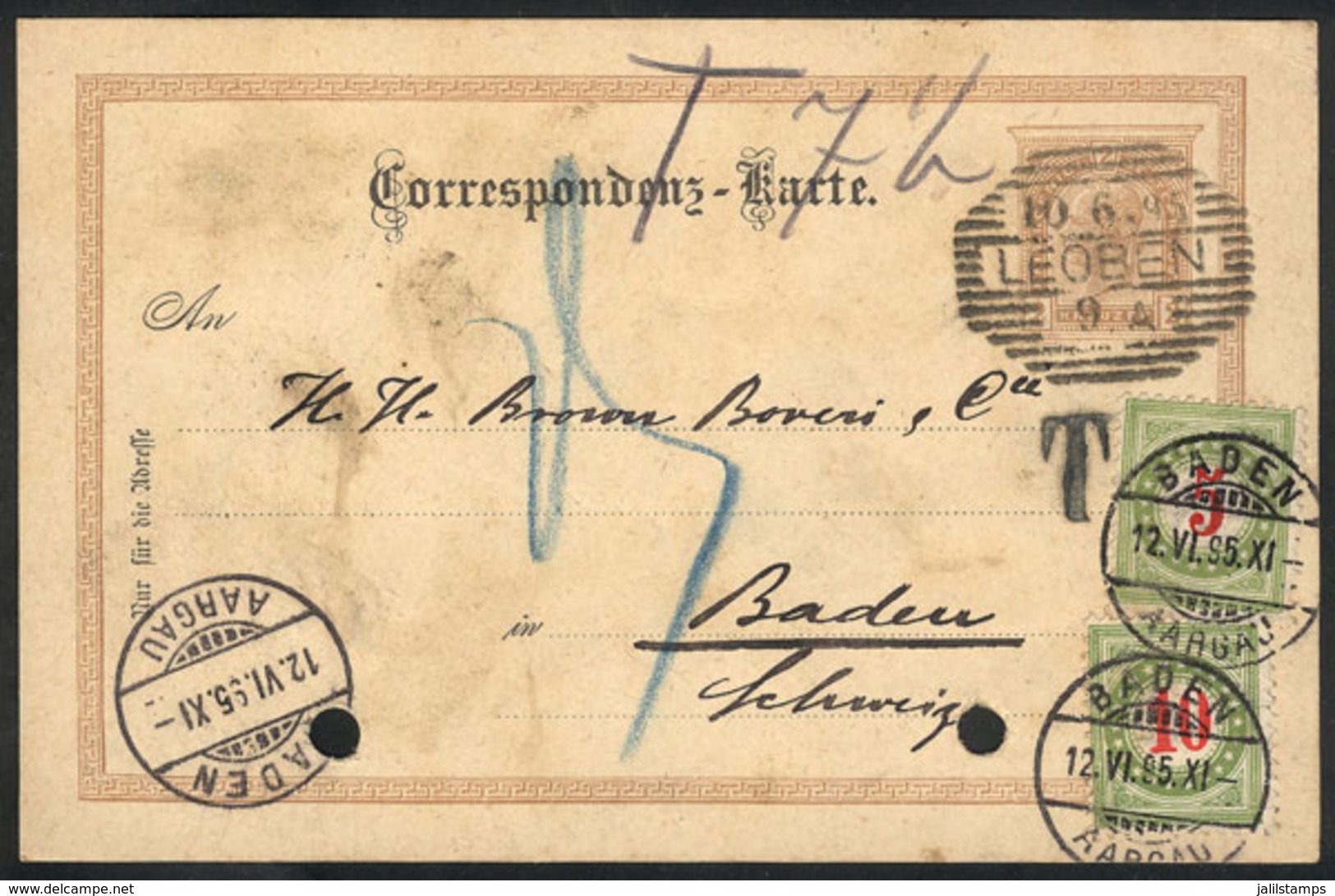 AUSTRIA: 2Kr. Postal Card (with Filing Punch Holes) Sent From LEOBEN To Switzerland On 10/JUN/1895, With Swiss Postage D - Other & Unclassified