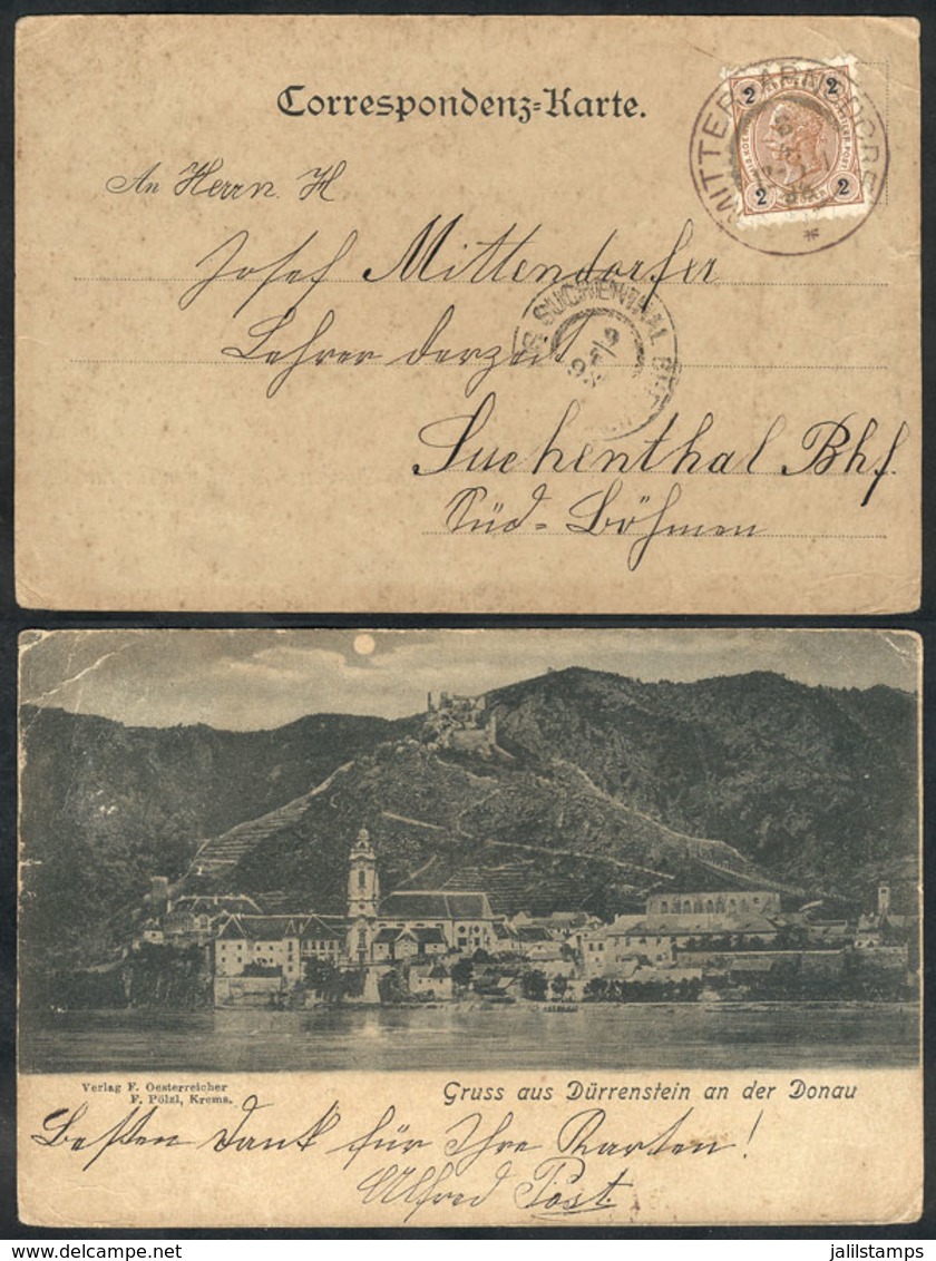 AUSTRIA: Postcard (general View Of Dürrenstein An Der Donau) Franked With 2kr. And Sent From MITTEL-ARNDORF To Suchentha - Andere & Zonder Classificatie